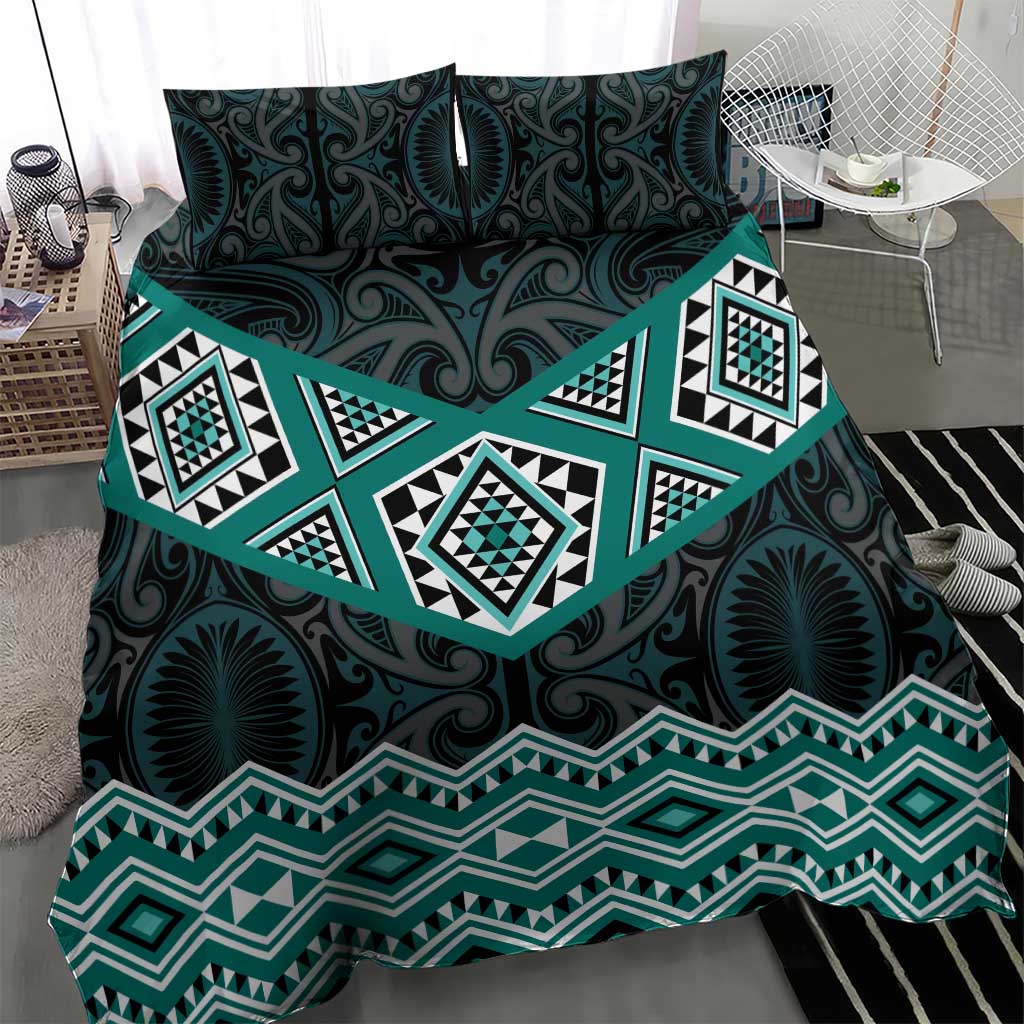 New Zealand Aotearoa Bedding Set Turquoise Taniko Art Maori Pattern