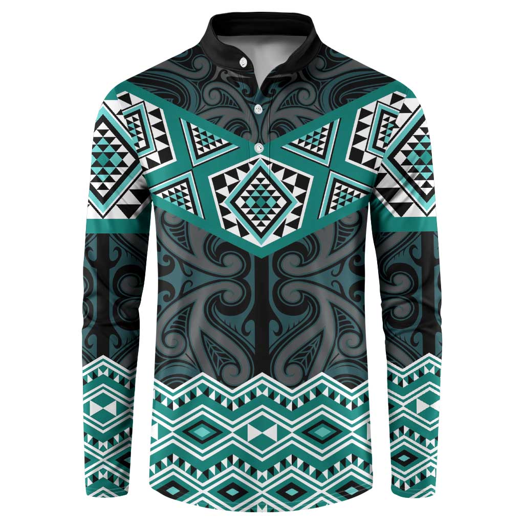 New Zealand Aotearoa Button Sweatshirt Turquoise Taniko Art Maori Pattern