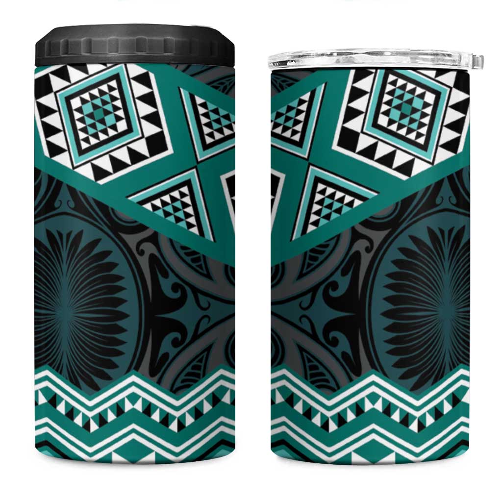 New Zealand Aotearoa 4 in 1 Can Cooler Tumbler Turquoise Taniko Art Maori Pattern