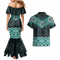 New Zealand Aotearoa Couples Matching Mermaid Dress and Hawaiian Shirt Turquoise Taniko Art Maori Pattern