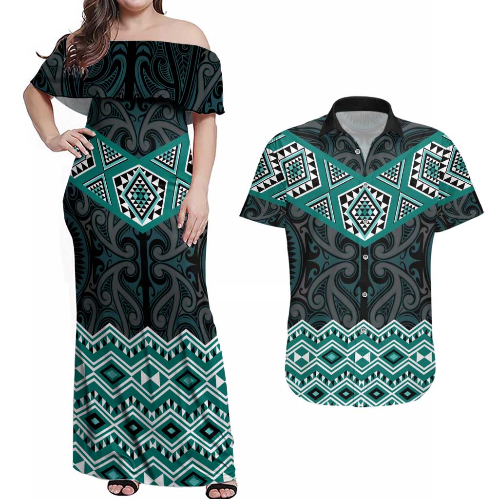 New Zealand Aotearoa Couples Matching Off Shoulder Maxi Dress and Hawaiian Shirt Turquoise Taniko Art Maori Pattern