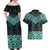 New Zealand Aotearoa Couples Matching Off Shoulder Maxi Dress and Hawaiian Shirt Turquoise Taniko Art Maori Pattern