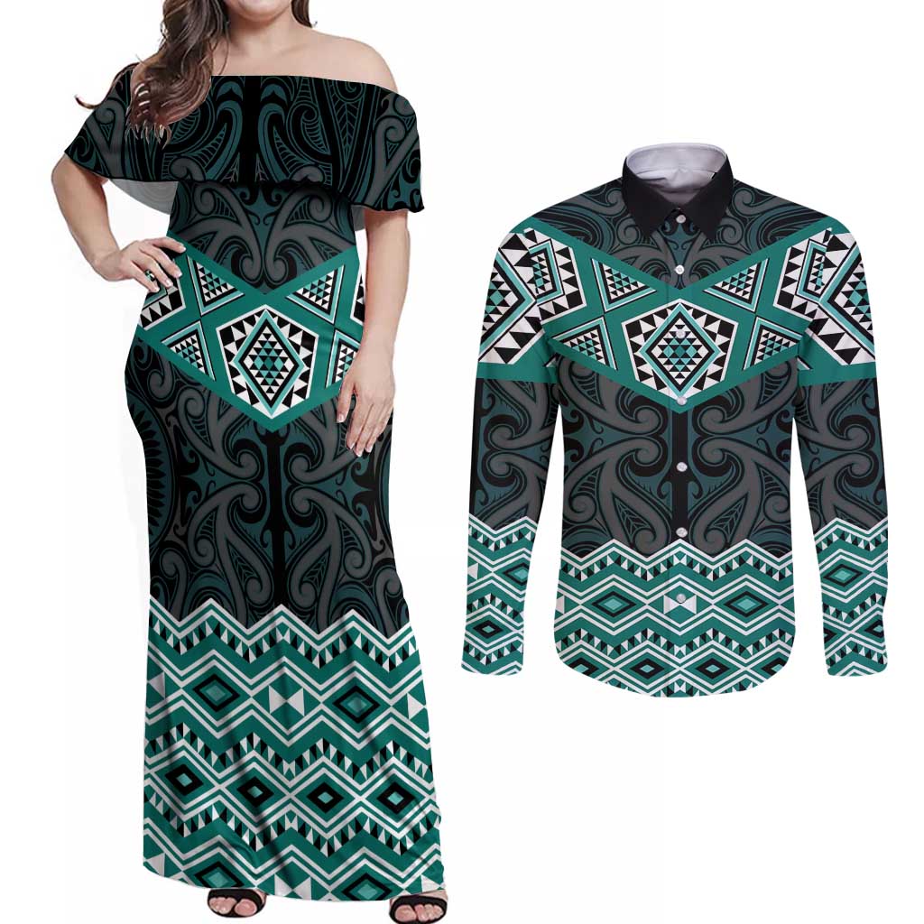 New Zealand Aotearoa Couples Matching Off Shoulder Maxi Dress and Long Sleeve Button Shirt Turquoise Taniko Art Maori Pattern