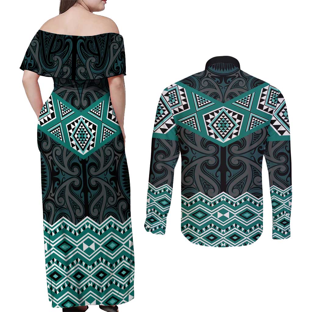New Zealand Aotearoa Couples Matching Off Shoulder Maxi Dress and Long Sleeve Button Shirt Turquoise Taniko Art Maori Pattern