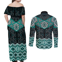 New Zealand Aotearoa Couples Matching Off Shoulder Maxi Dress and Long Sleeve Button Shirt Turquoise Taniko Art Maori Pattern
