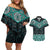 New Zealand Aotearoa Couples Matching Off Shoulder Short Dress and Hawaiian Shirt Turquoise Taniko Art Maori Pattern