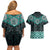 New Zealand Aotearoa Couples Matching Off Shoulder Short Dress and Hawaiian Shirt Turquoise Taniko Art Maori Pattern