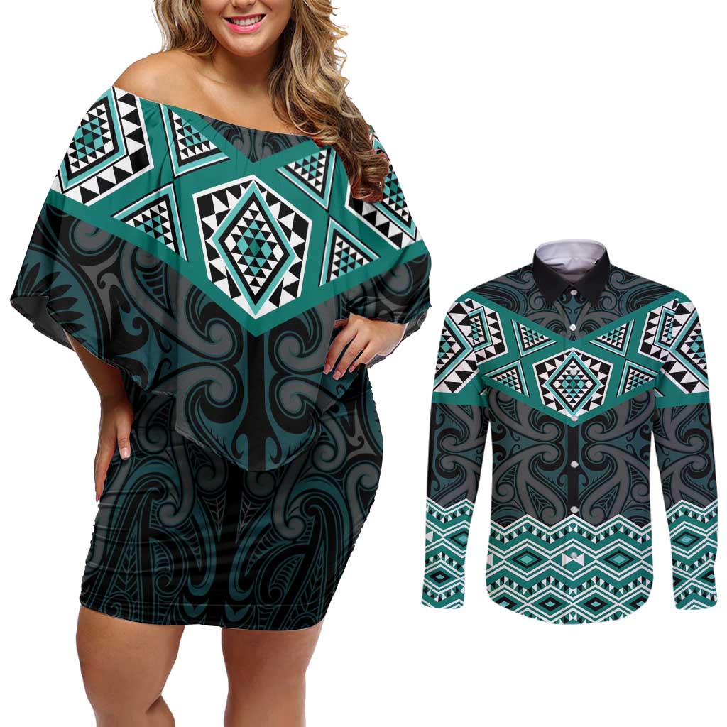 New Zealand Aotearoa Couples Matching Off Shoulder Short Dress and Long Sleeve Button Shirt Turquoise Taniko Art Maori Pattern