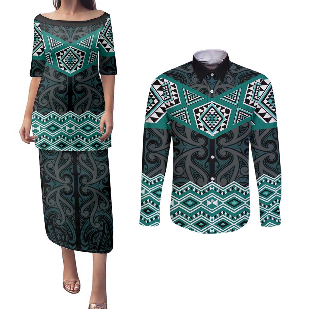 New Zealand Aotearoa Couples Matching Puletasi and Long Sleeve Button Shirt Turquoise Taniko Art Maori Pattern