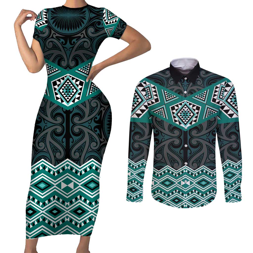 New Zealand Aotearoa Couples Matching Short Sleeve Bodycon Dress and Long Sleeve Button Shirt Turquoise Taniko Art Maori Pattern