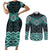 New Zealand Aotearoa Couples Matching Short Sleeve Bodycon Dress and Long Sleeve Button Shirt Turquoise Taniko Art Maori Pattern