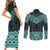 New Zealand Aotearoa Couples Matching Short Sleeve Bodycon Dress and Long Sleeve Button Shirt Turquoise Taniko Art Maori Pattern