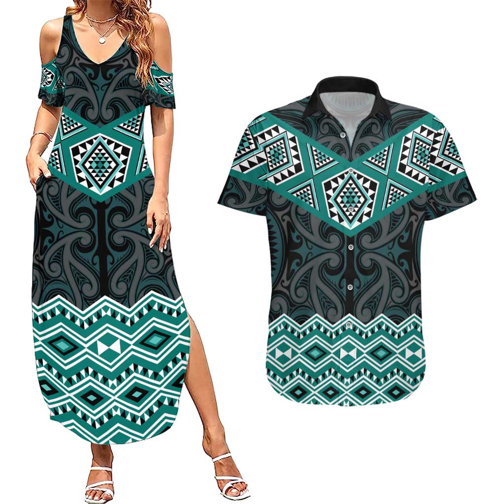 New Zealand Aotearoa Couples Matching Summer Maxi Dress and Hawaiian Shirt Turquoise Taniko Art Maori Pattern