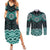 New Zealand Aotearoa Couples Matching Summer Maxi Dress and Long Sleeve Button Shirt Turquoise Taniko Art Maori Pattern