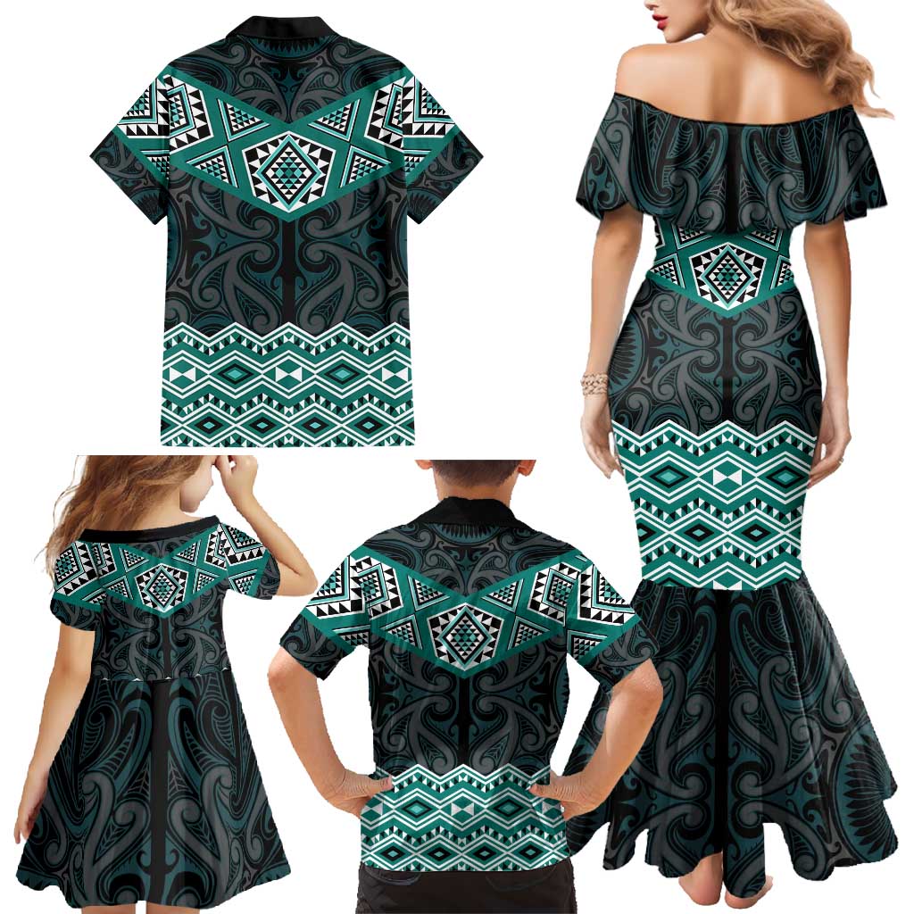 New Zealand Aotearoa Family Matching Mermaid Dress and Hawaiian Shirt Turquoise Taniko Art Maori Pattern