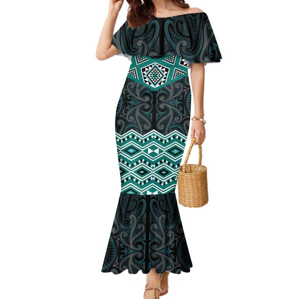 New Zealand Aotearoa Family Matching Mermaid Dress and Hawaiian Shirt Turquoise Taniko Art Maori Pattern