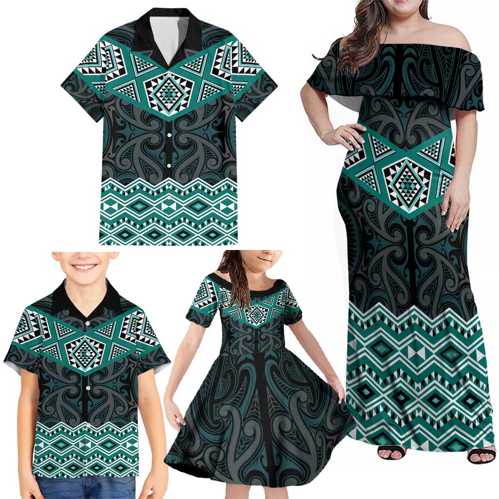 New Zealand Aotearoa Family Matching Off Shoulder Maxi Dress and Hawaiian Shirt Turquoise Taniko Art Maori Pattern