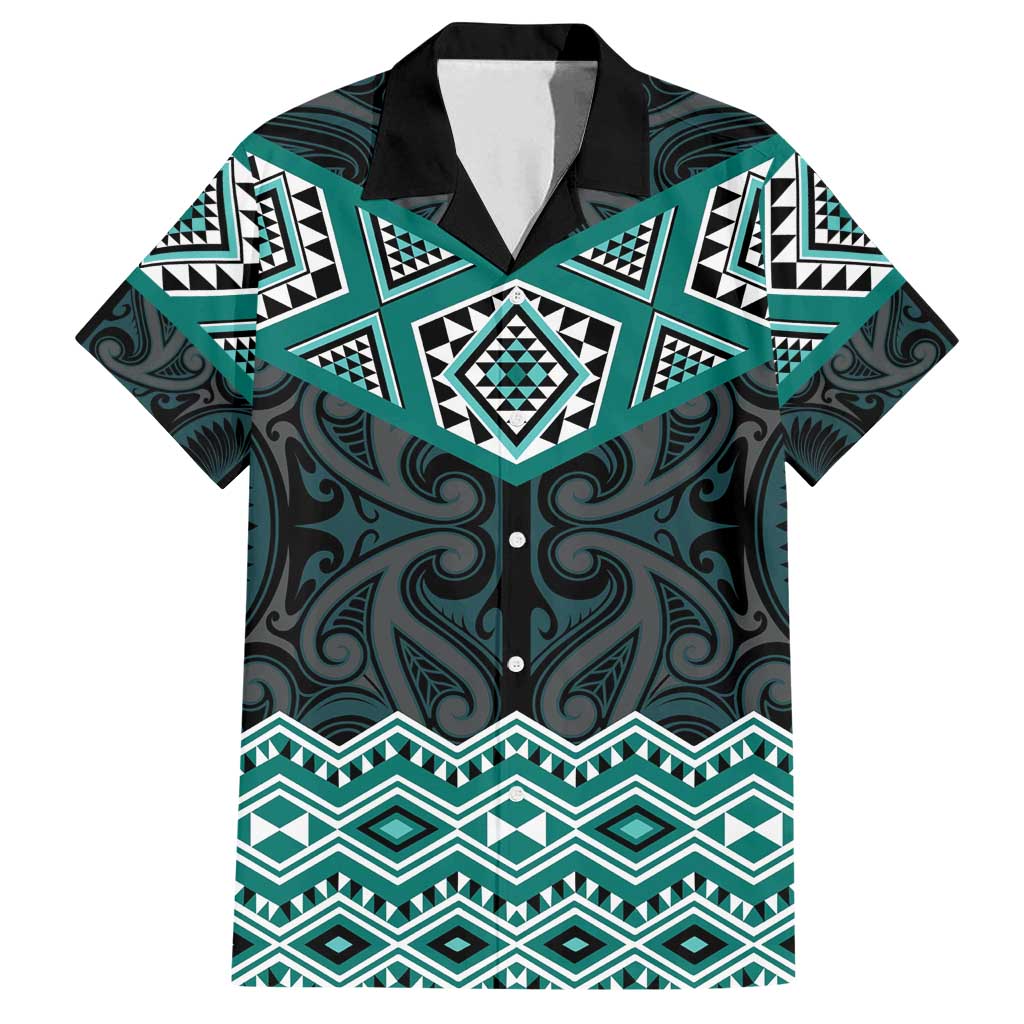 New Zealand Aotearoa Family Matching Off Shoulder Maxi Dress and Hawaiian Shirt Turquoise Taniko Art Maori Pattern