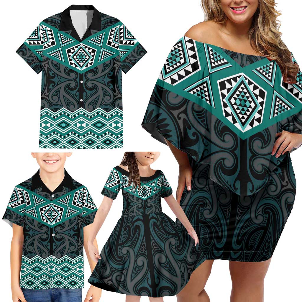 New Zealand Aotearoa Family Matching Off Shoulder Short Dress and Hawaiian Shirt Turquoise Taniko Art Maori Pattern