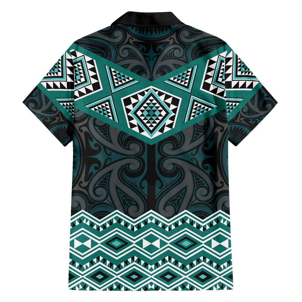 New Zealand Aotearoa Family Matching Off Shoulder Short Dress and Hawaiian Shirt Turquoise Taniko Art Maori Pattern