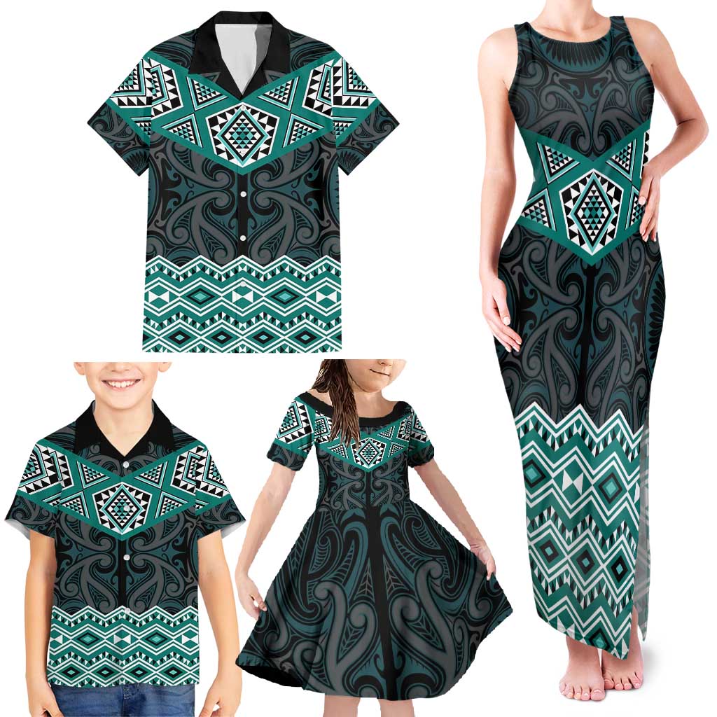 New Zealand Aotearoa Family Matching Tank Maxi Dress and Hawaiian Shirt Turquoise Taniko Art Maori Pattern