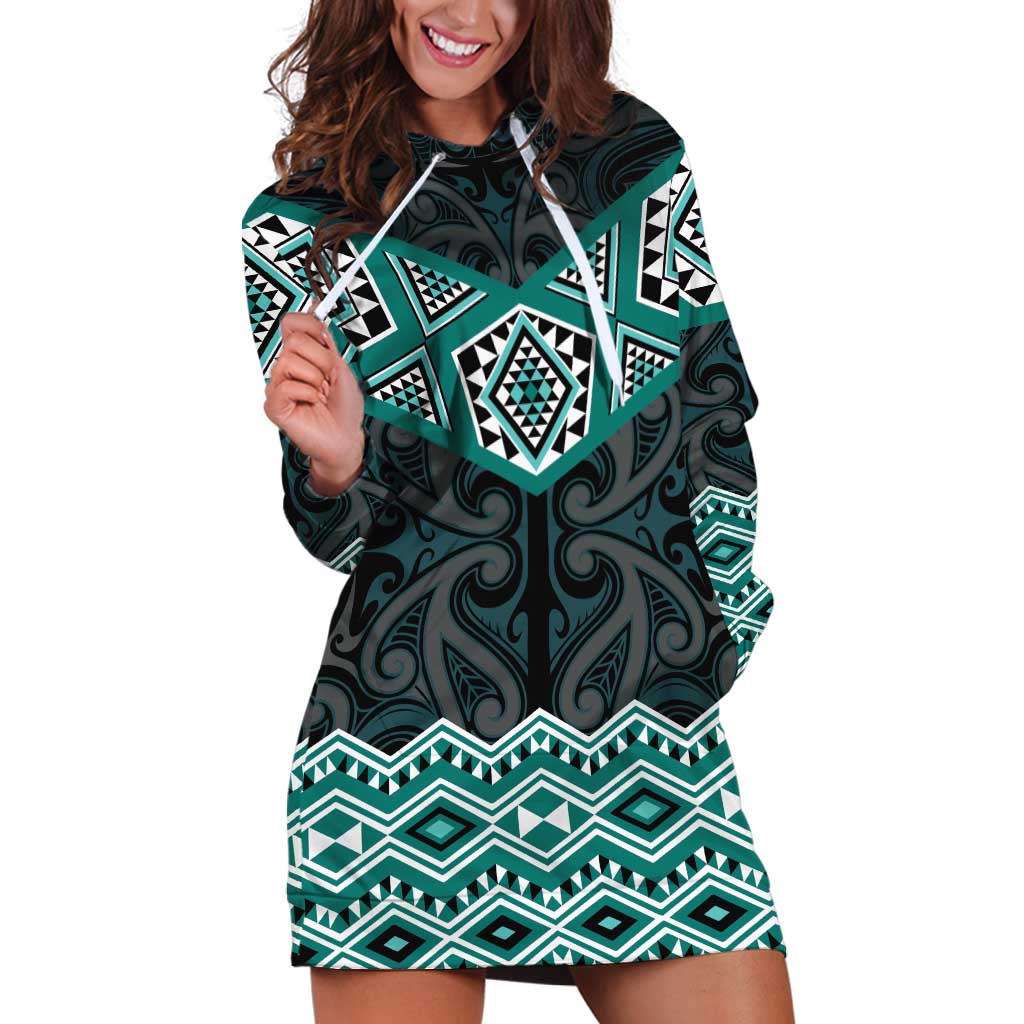 New Zealand Aotearoa Hoodie Dress Turquoise Taniko Art Maori Pattern