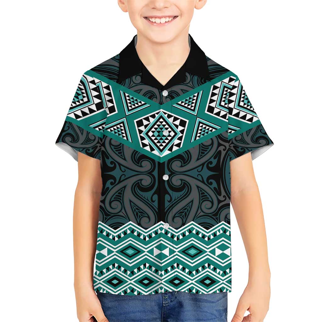 New Zealand Aotearoa Kid Hawaiian Shirt Turquoise Taniko Art Maori Pattern