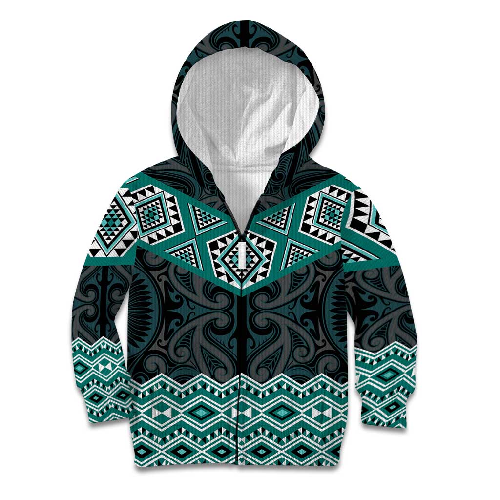 New Zealand Aotearoa Kid Hoodie Turquoise Taniko Art Maori Pattern
