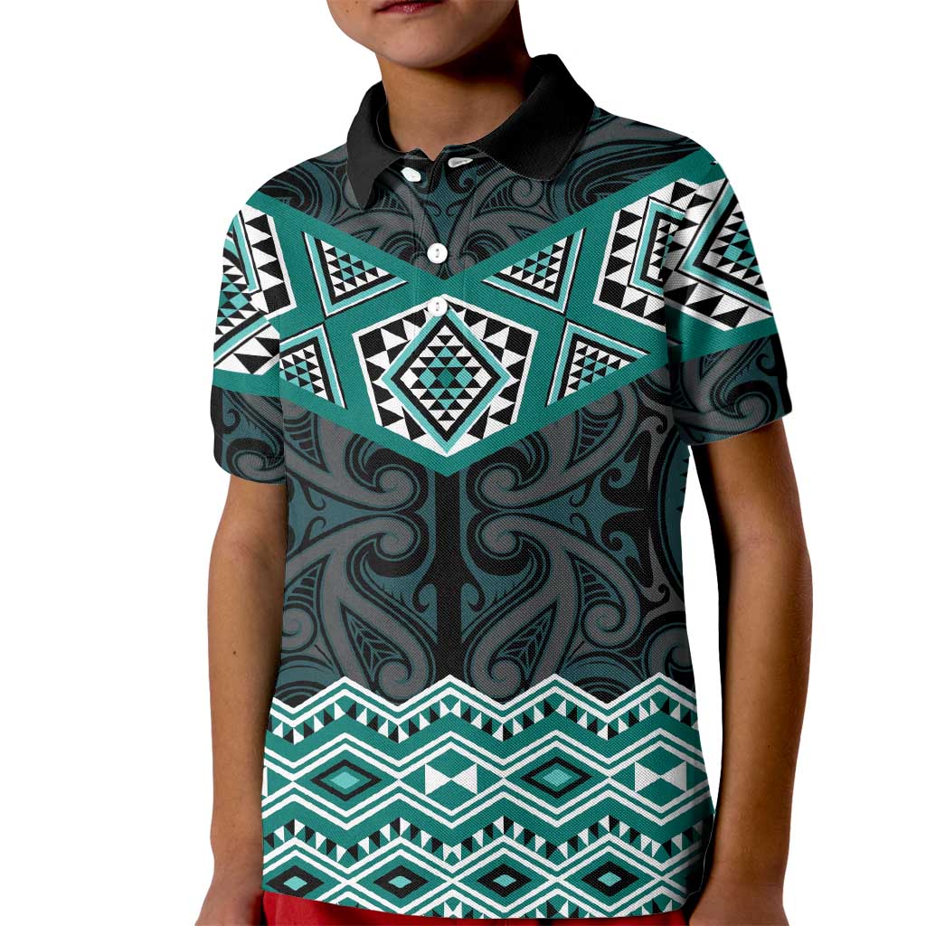 New Zealand Aotearoa Kid Polo Shirt Turquoise Taniko Art Maori Pattern