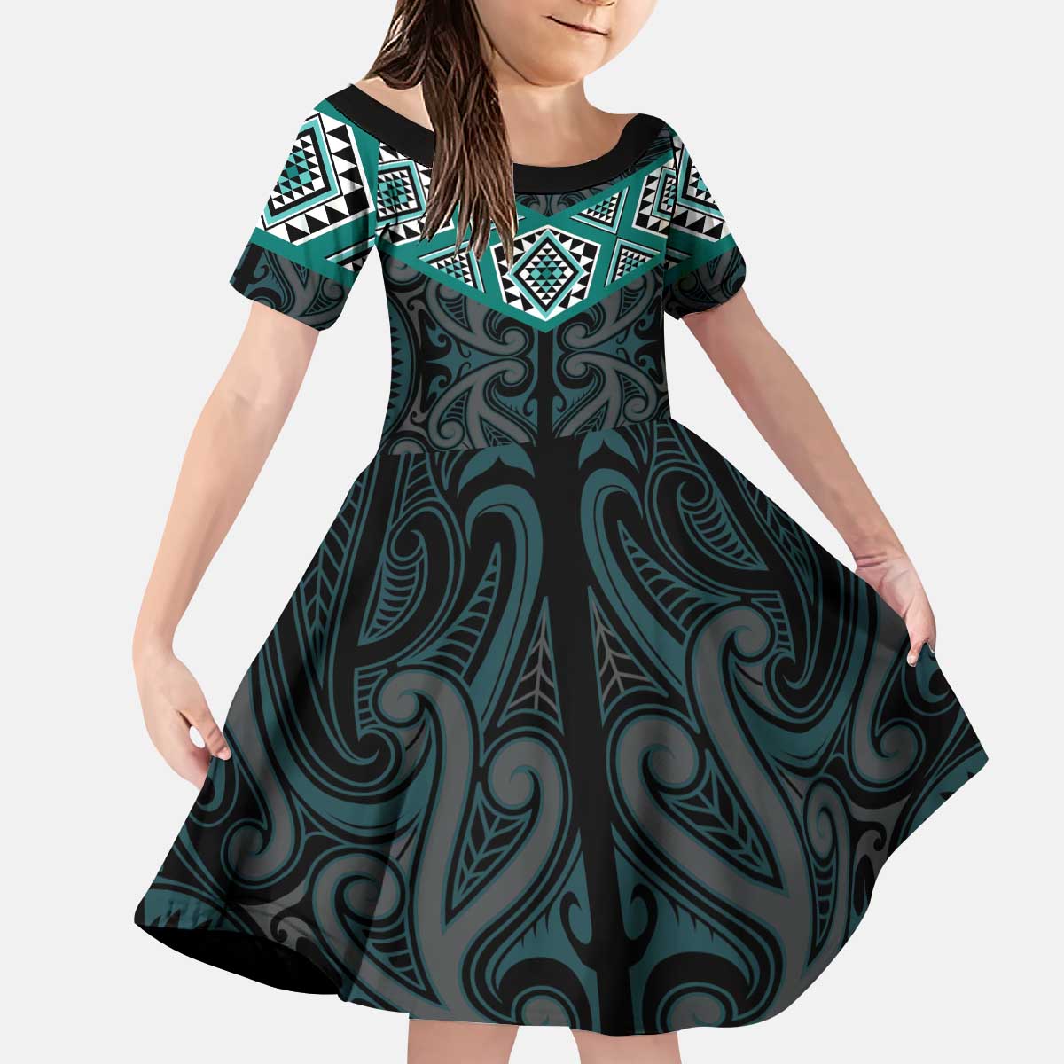 New Zealand Aotearoa Kid Short Sleeve Dress Turquoise Taniko Art Maori Pattern