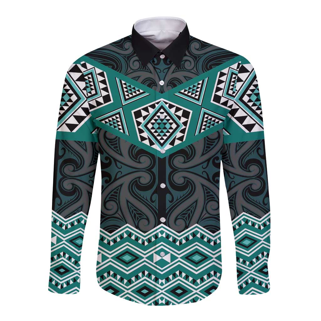 New Zealand Aotearoa Long Sleeve Button Shirt Turquoise Taniko Art Maori Pattern