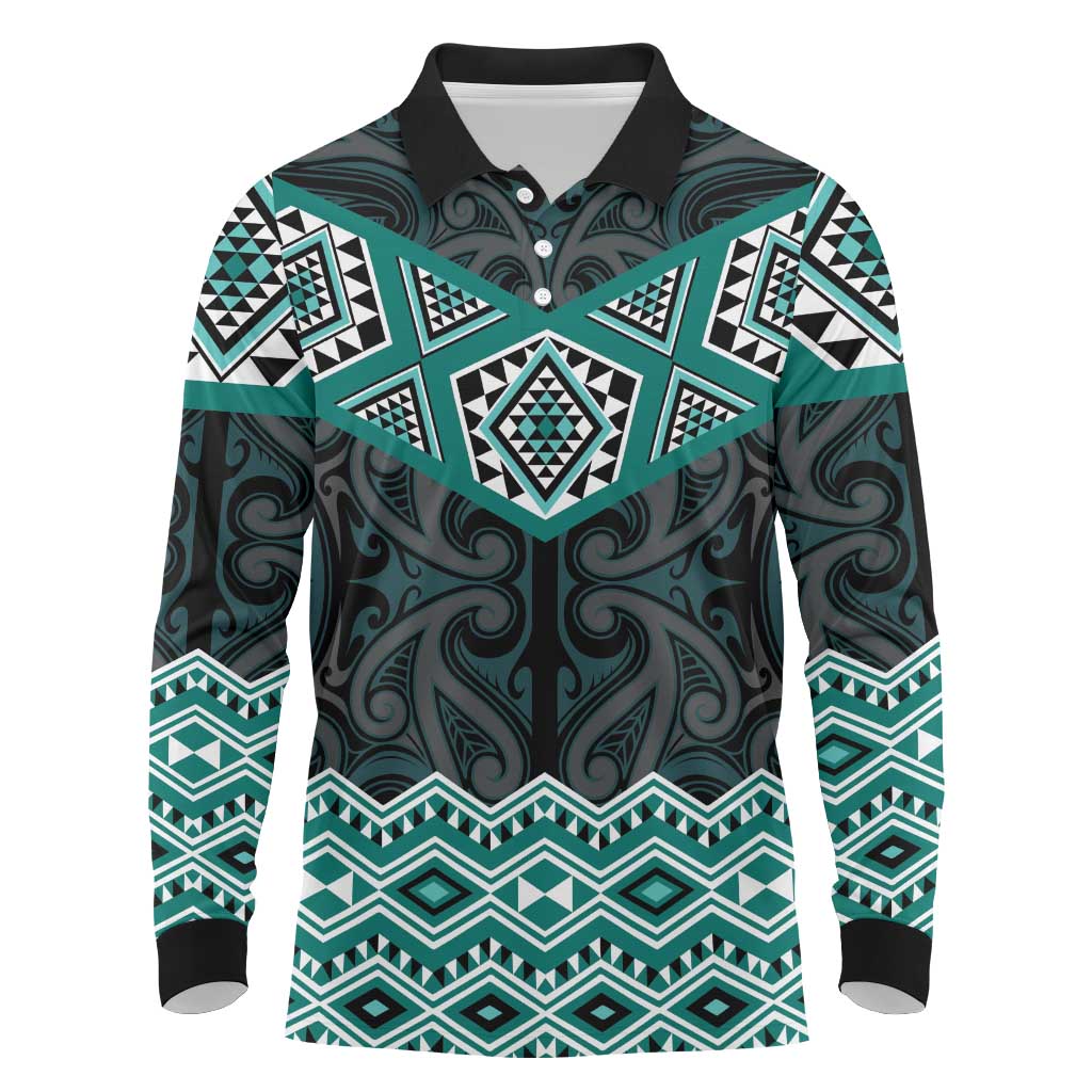 New Zealand Aotearoa Long Sleeve Polo Shirt Turquoise Taniko Art Maori Pattern