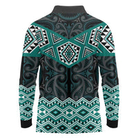 New Zealand Aotearoa Long Sleeve Polo Shirt Turquoise Taniko Art Maori Pattern