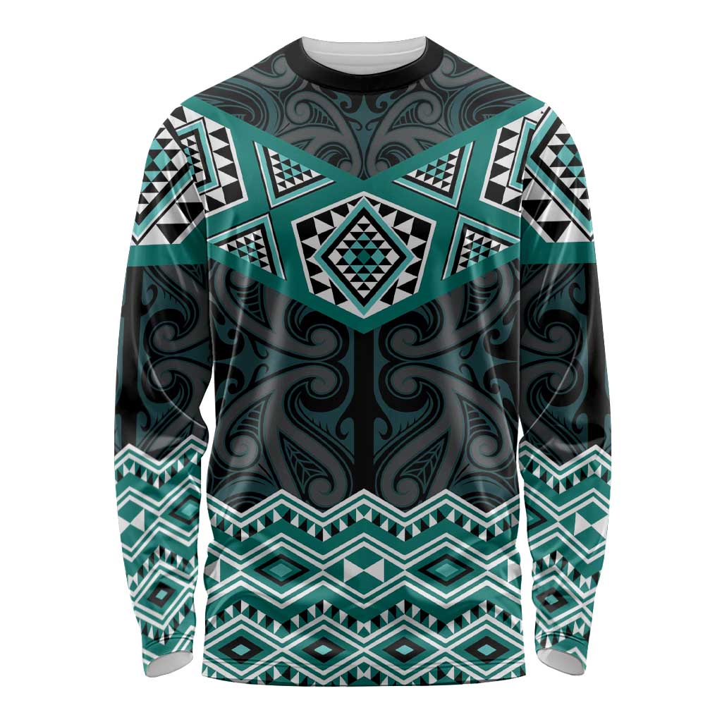 New Zealand Aotearoa Long Sleeve Shirt Turquoise Taniko Art Maori Pattern