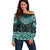 New Zealand Aotearoa Off Shoulder Sweater Turquoise Taniko Art Maori Pattern