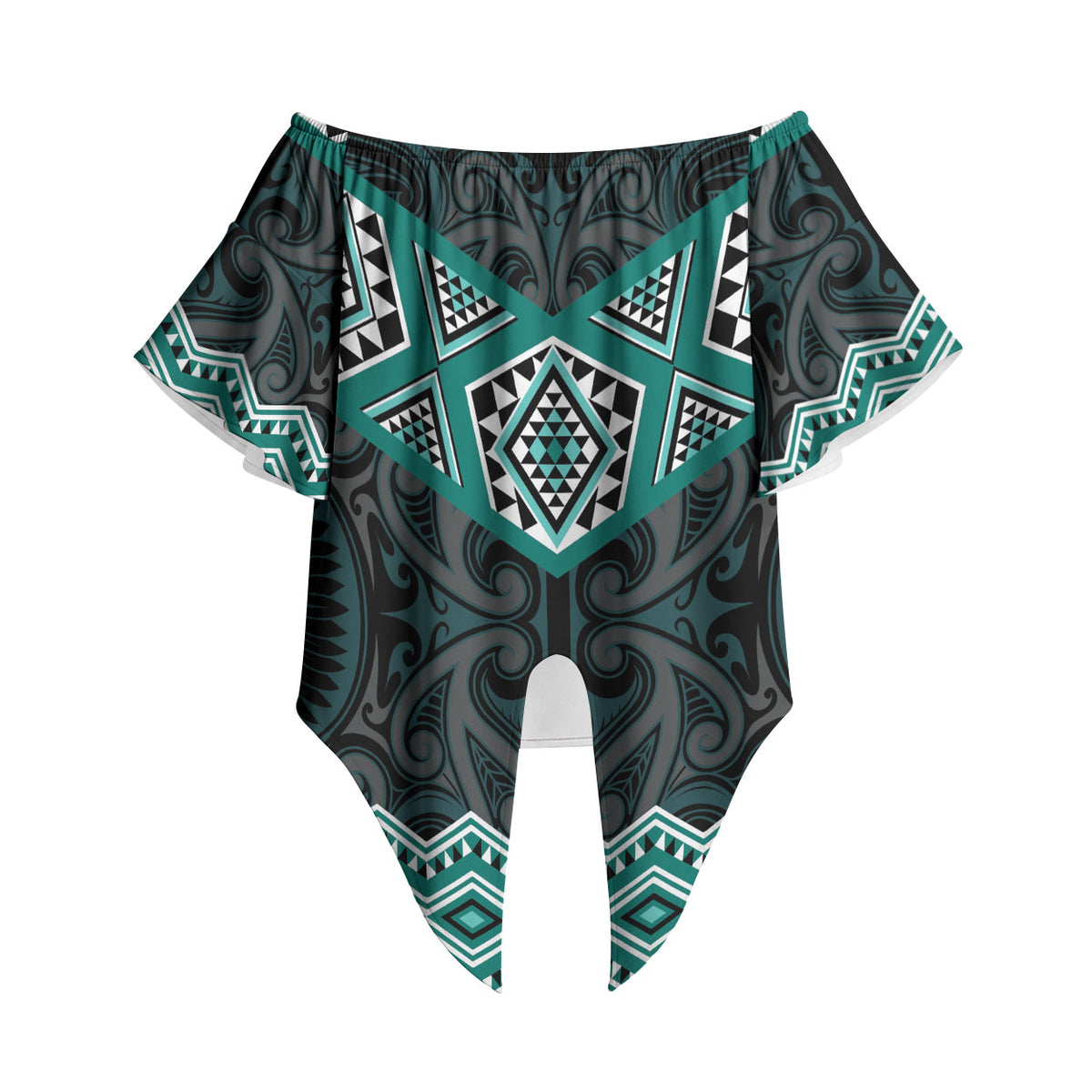 New Zealand Aotearoa Off Shoulder Wrap Waist Top Turquoise Taniko Art Maori Pattern LT05 Turquoise - Polynesian Pride