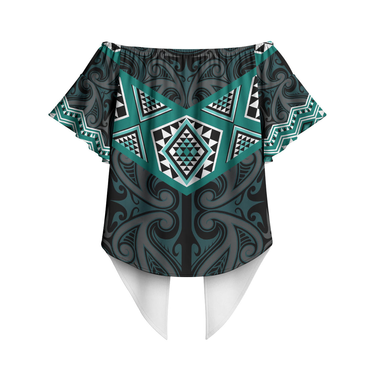 New Zealand Aotearoa Off Shoulder Wrap Waist Top Turquoise Taniko Art Maori Pattern LT05 - Polynesian Pride