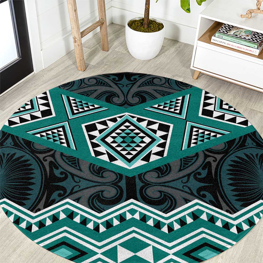 New Zealand Aotearoa Round Carpet Turquoise Taniko Art Maori Pattern