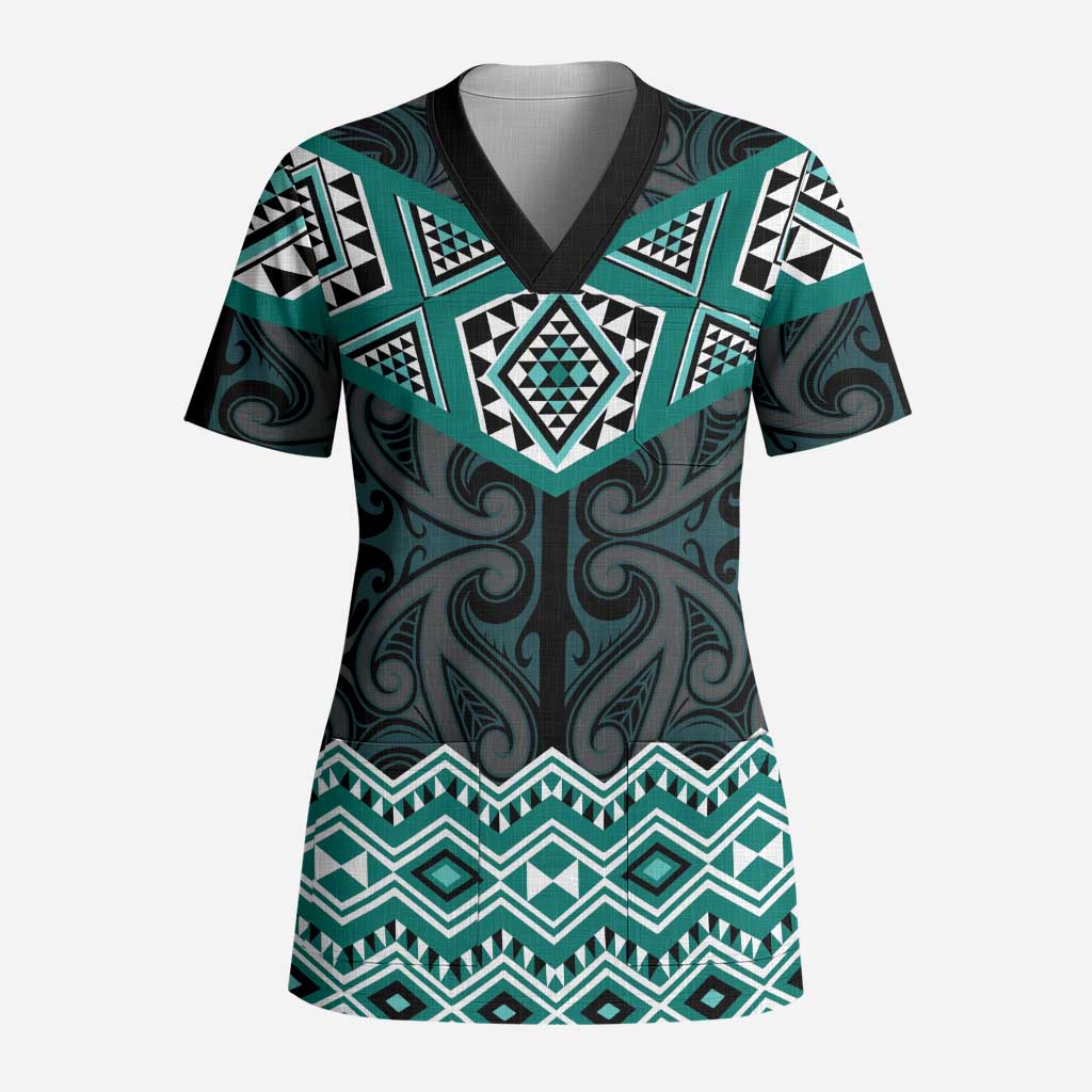 New Zealand Aotearoa Scrub Top Turquoise Taniko Art Maori Pattern - Polynesian Pride