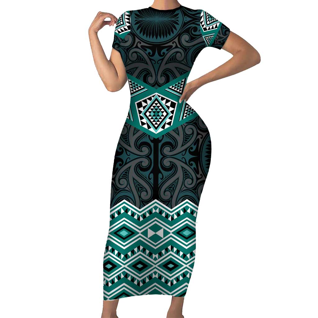 New Zealand Aotearoa Short Sleeve Bodycon Dress Turquoise Taniko Art Maori Pattern