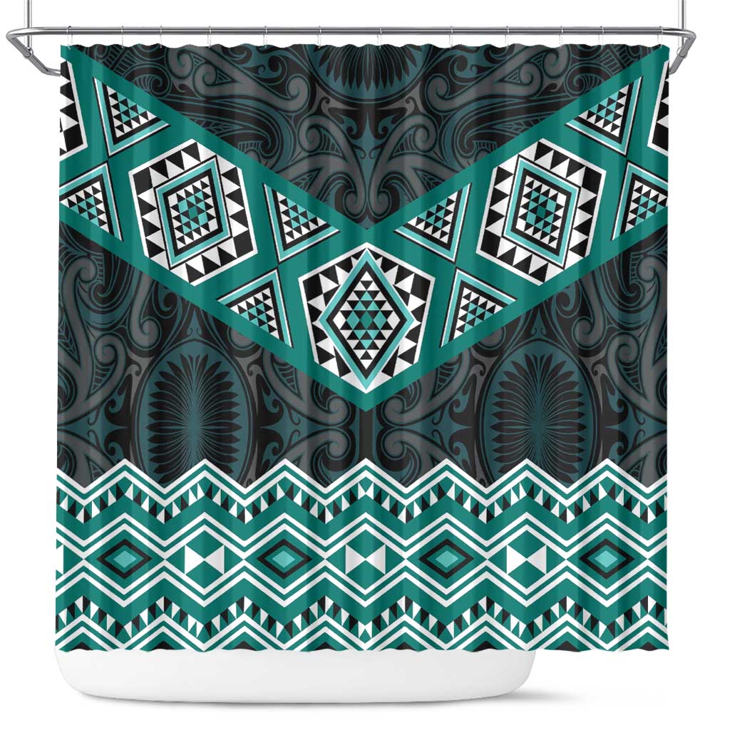 New Zealand Aotearoa Shower Curtain Turquoise Taniko Art Maori Pattern