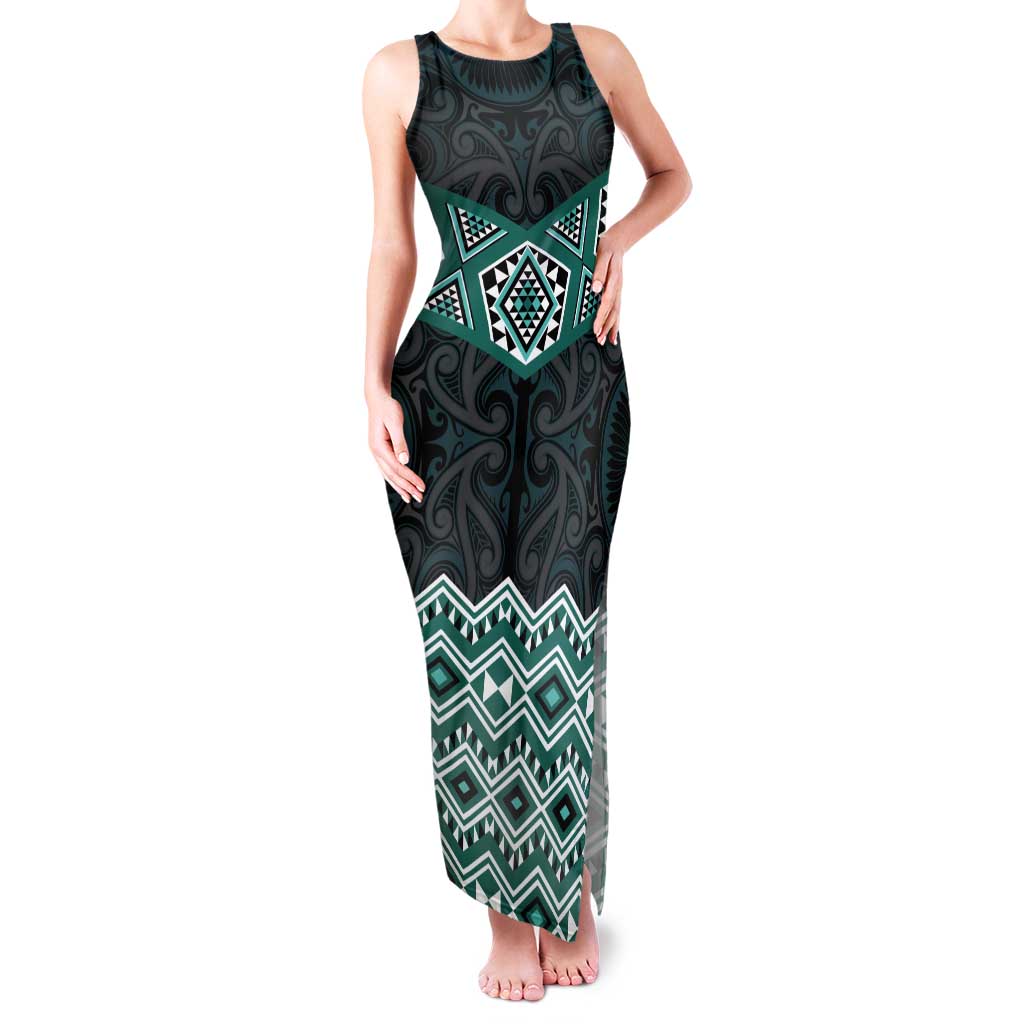 New Zealand Aotearoa Tank Maxi Dress Turquoise Taniko Art Maori Pattern