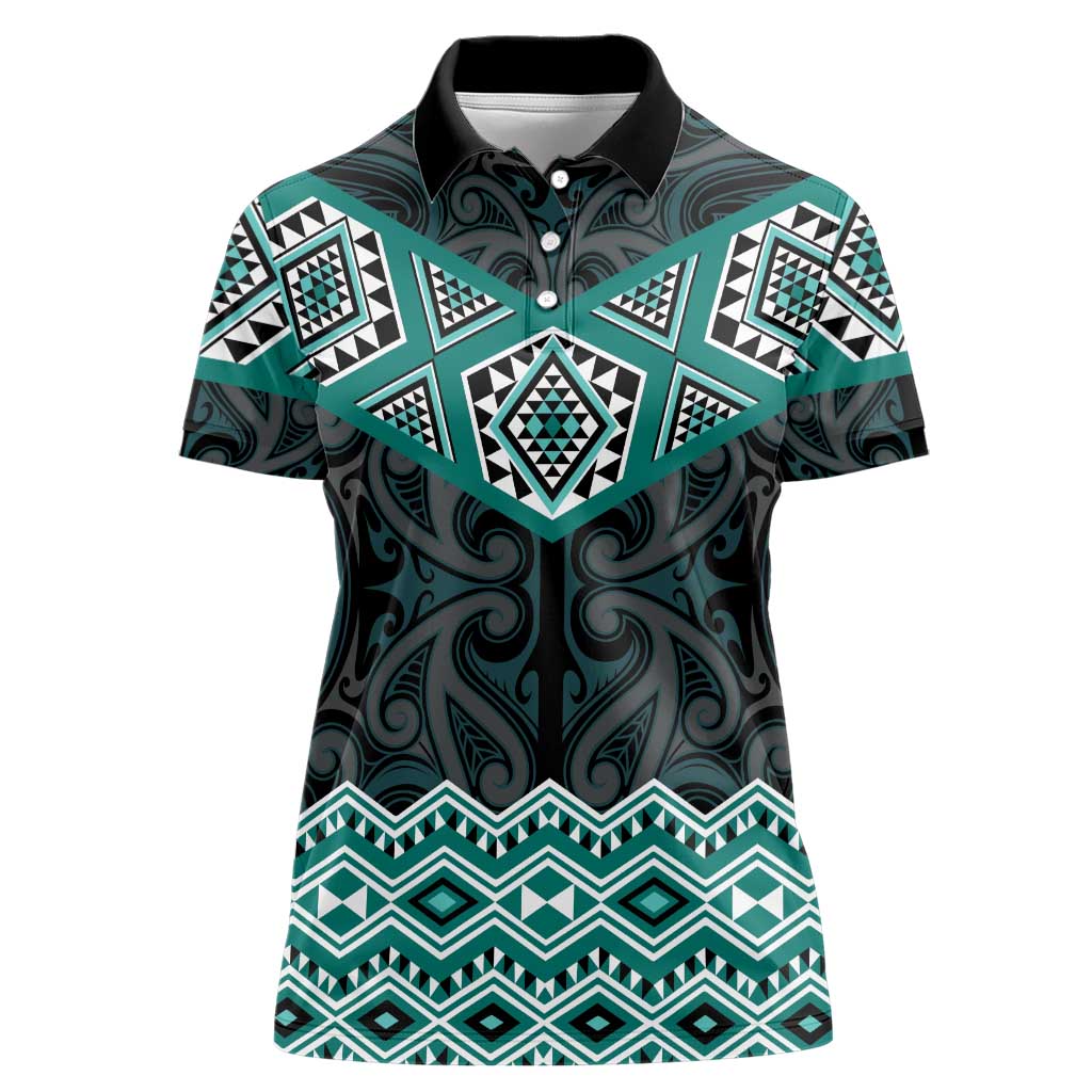 New Zealand Aotearoa Women Polo Shirt Turquoise Taniko Art Maori Pattern