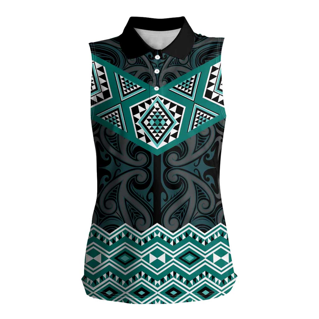 New Zealand Aotearoa Women Sleeveless Polo Shirt Turquoise Taniko Art Maori Pattern