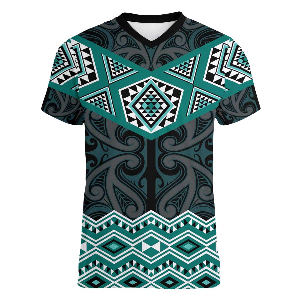 New Zealand Aotearoa Women V-Neck T-Shirt Turquoise Taniko Art Maori Pattern