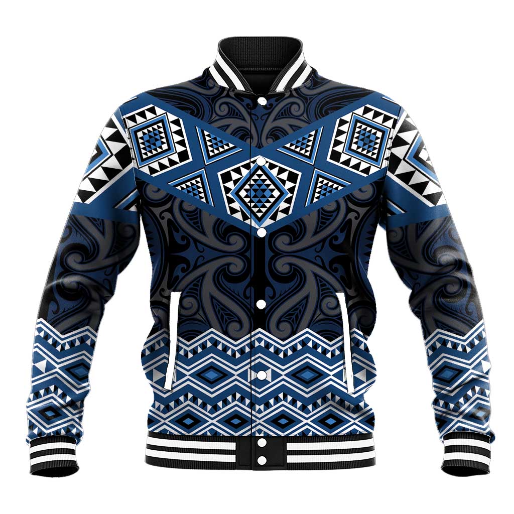 New Zealand Aotearoa Baseball Jacket Blue Taniko Art Maori Pattern