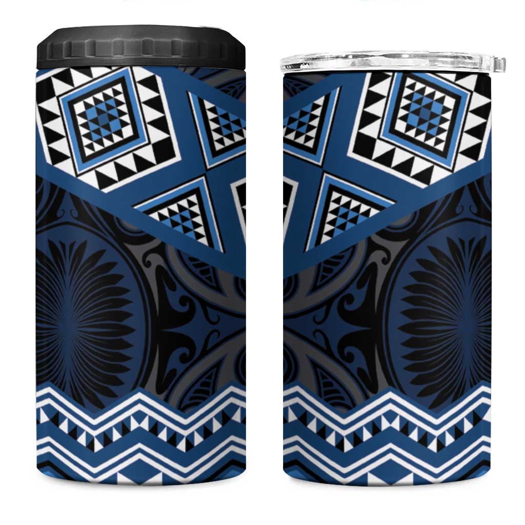 New Zealand Aotearoa 4 in 1 Can Cooler Tumbler Blue Taniko Art Maori Pattern