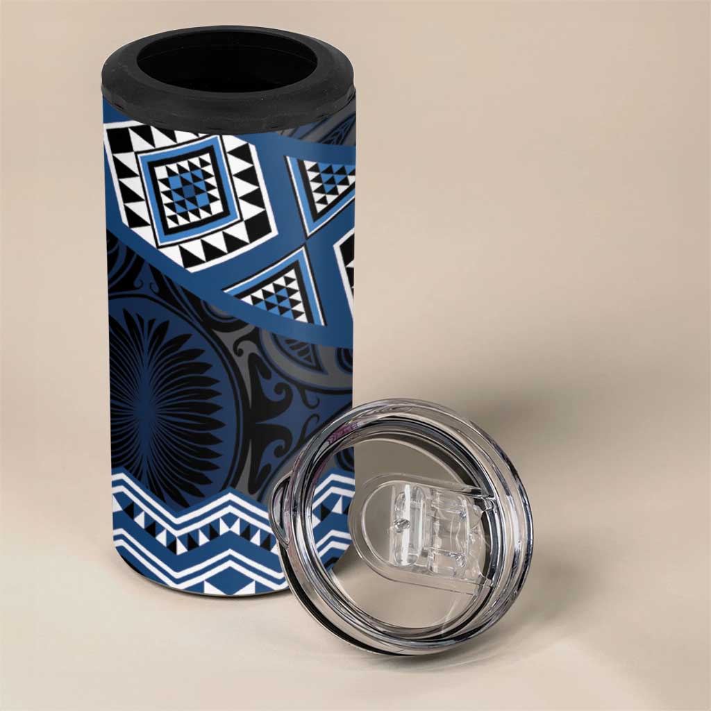 New Zealand Aotearoa 4 in 1 Can Cooler Tumbler Blue Taniko Art Maori Pattern