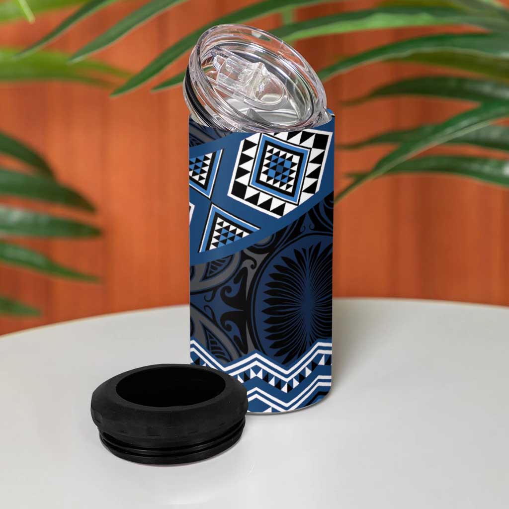 New Zealand Aotearoa 4 in 1 Can Cooler Tumbler Blue Taniko Art Maori Pattern