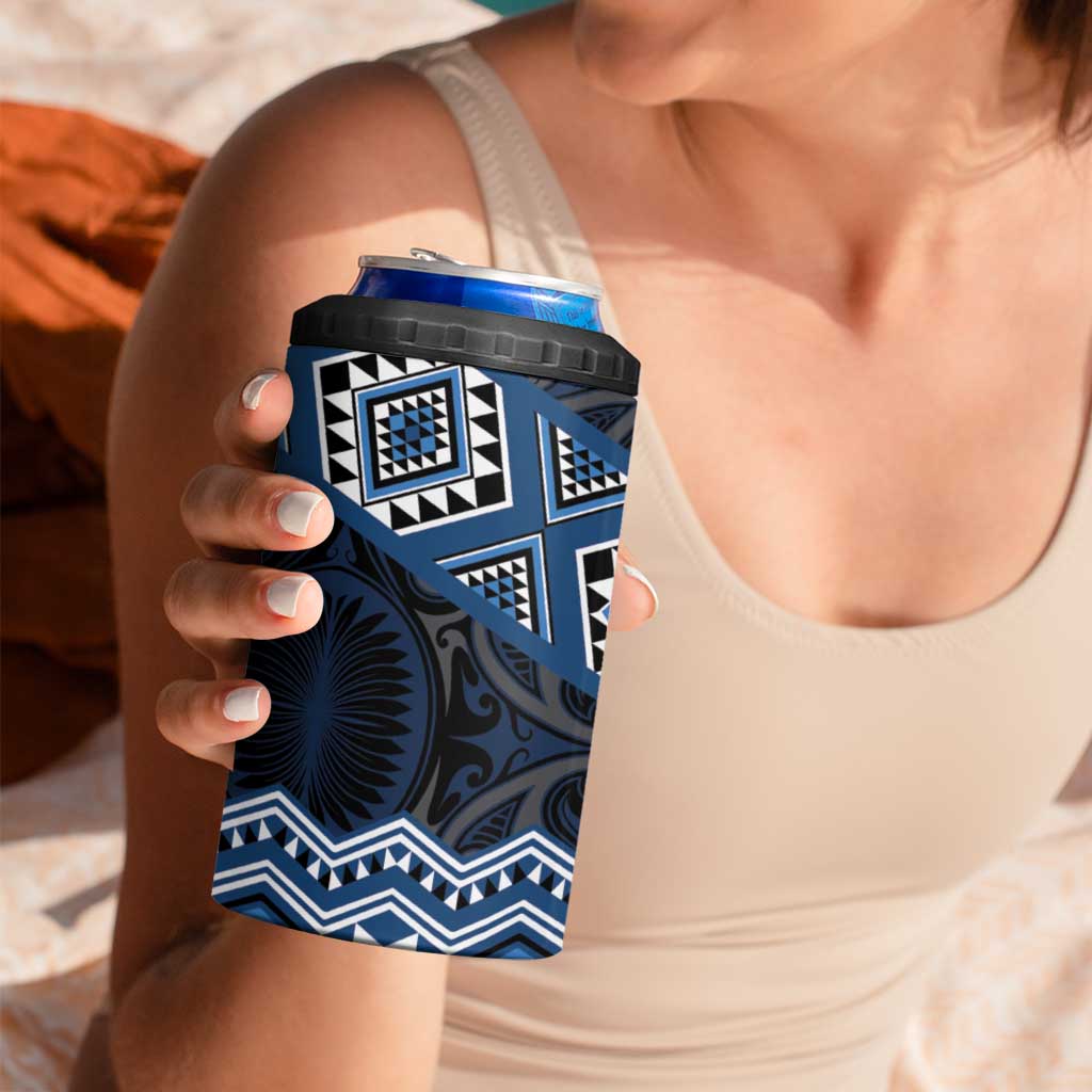 New Zealand Aotearoa 4 in 1 Can Cooler Tumbler Blue Taniko Art Maori Pattern